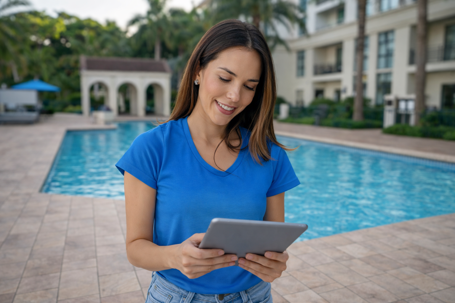 Before and after pool remodeling preview with Poolpix AI pool design software