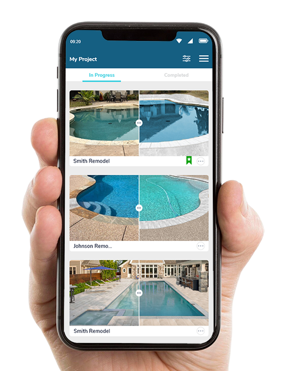 Pool remodeling before and after preview using Poolpix AI pool design software
