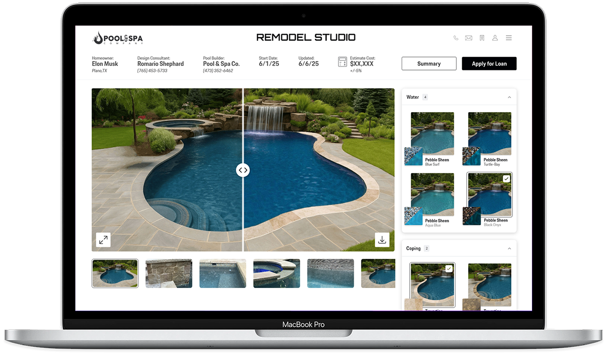 Pool remodeling before and after preview using Poolpix AI pool design software